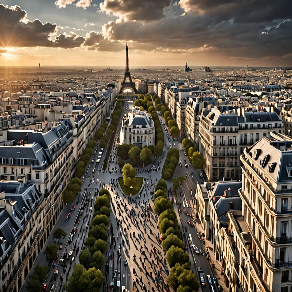 a city with a lot of tall buildings and a tower in the background with a cloudy sky above it, paris school, a matte painting, Brassaï, award-winning photograph