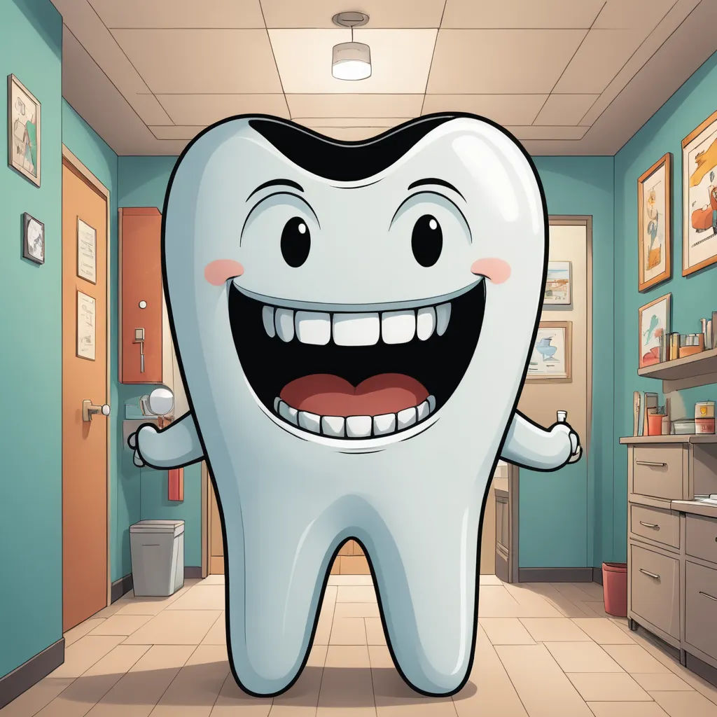 a cartoon tooth with a happy face in a room with a blue wall and a white tiled floor and a blue wall, photorealism, a comic book panel, Doc Hammer, behance hd