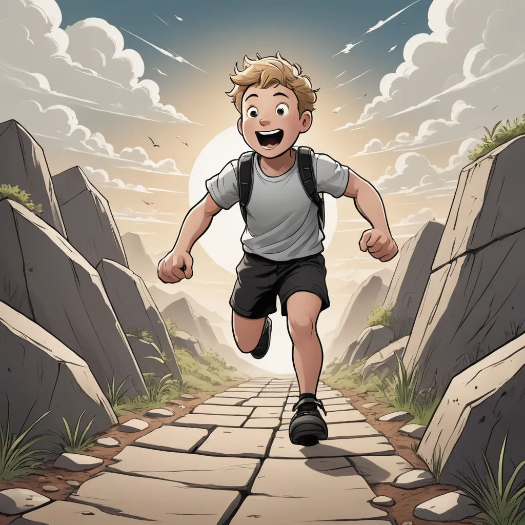 a boy running down a stone path with a sky background and clouds above him and a sun in the sky, fantasy art, a storybook illustration, Cliff Childs, comic cover art