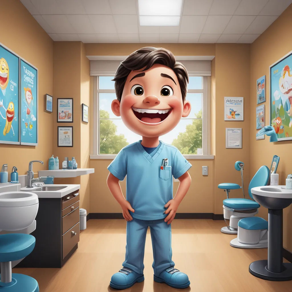 a cartoon character standing in a bathroom with a blue chair and a sink in the background and a blue chair in the foreground, photorealism, a storybook illustration, Chris LaBrooy, promotional image