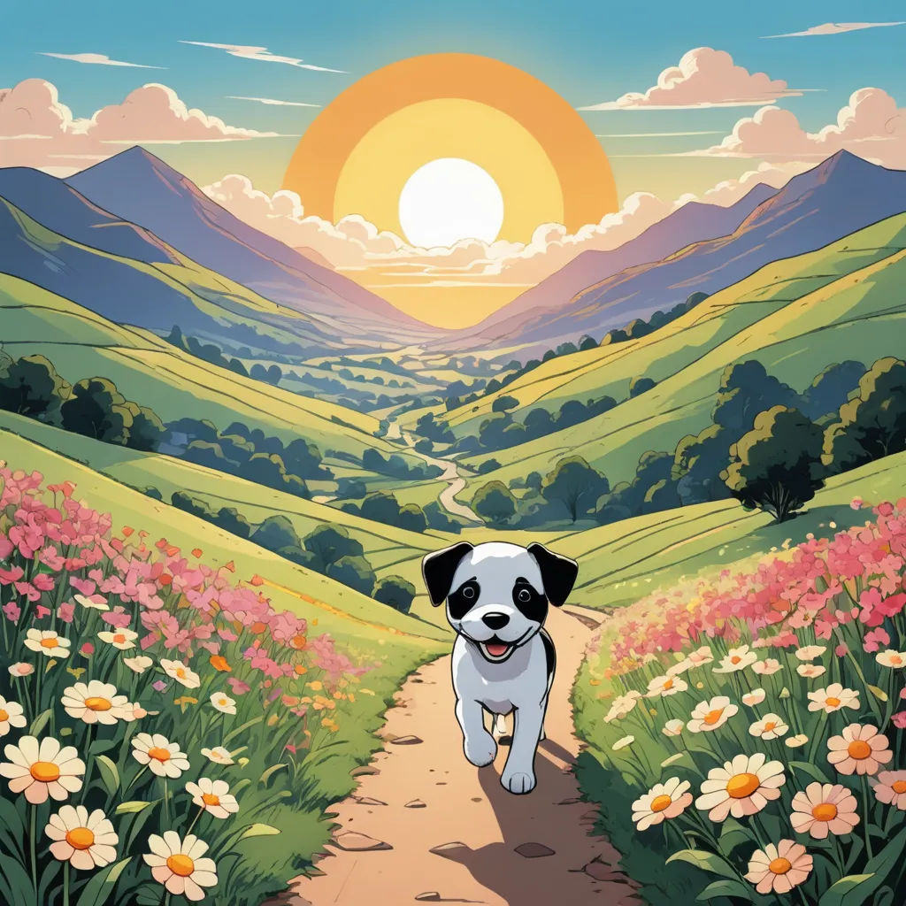 a dog is running down a path in a field of flowers with a sunset in the background and a mountain range in the distance, naive art, a storybook illustration, David Dougal Williams, comic cover art