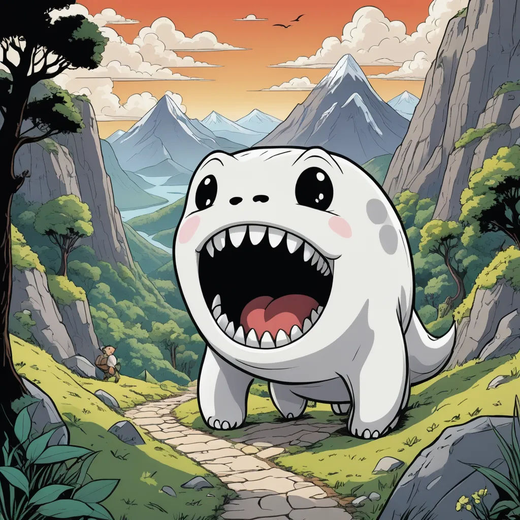 a cartoon character with a big mouth and a big smile on his face, standing in a mountain landscape, pop surrealism, a character portrait, Adam Rex, official art