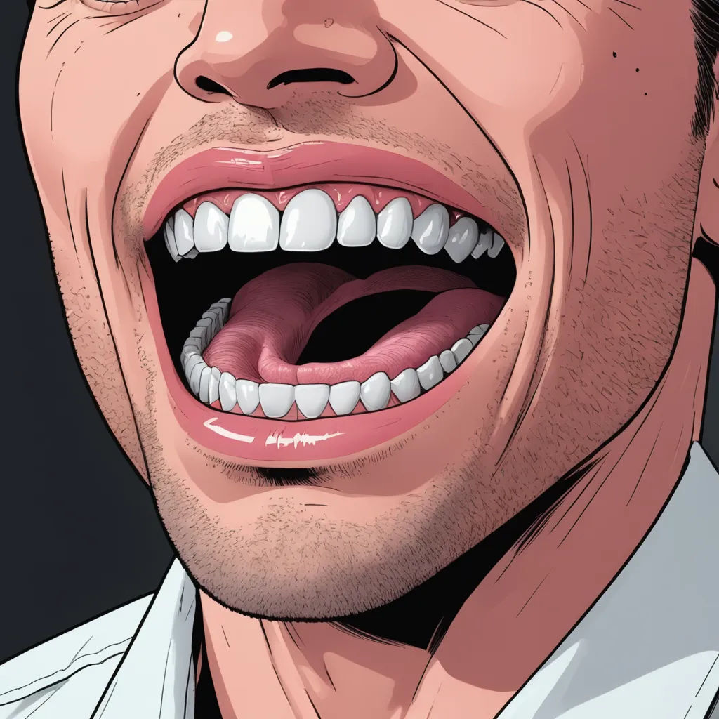 a man with his mouth open and his teeth missing from a toothache, with a black background and a white background, hyperrealism, a comic book panel, Benjamin Marra, hyper realistic face