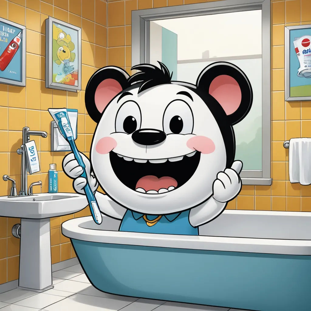 a cartoon character is brushing his teeth in a bathroom with a sink and a tub with a toothbrush, dau-al-set, a storybook illustration, An Gyeon, promotional image