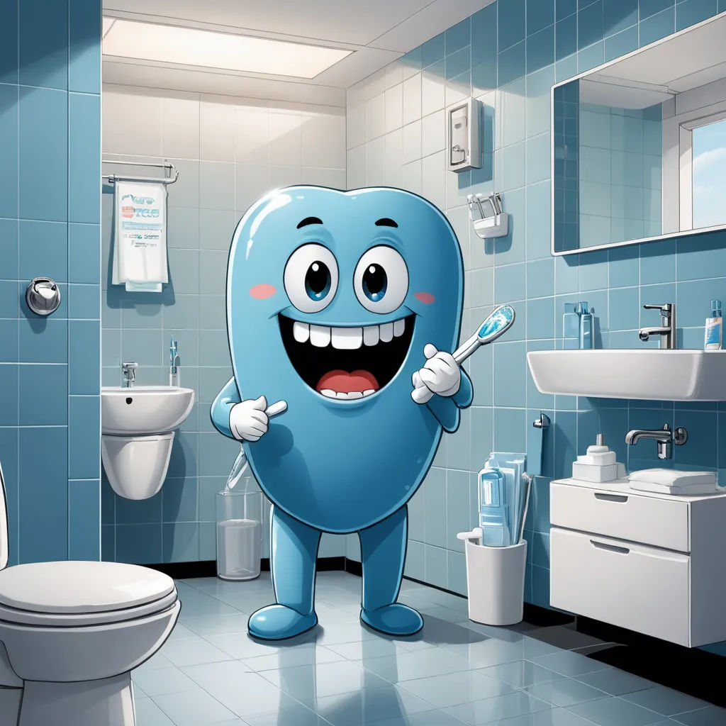 a cartoon character is holding a toothbrush in a bathroom with blue tiles on the walls and a toilet, photorealism, a stock photo, Chris LaBrooy, vray render