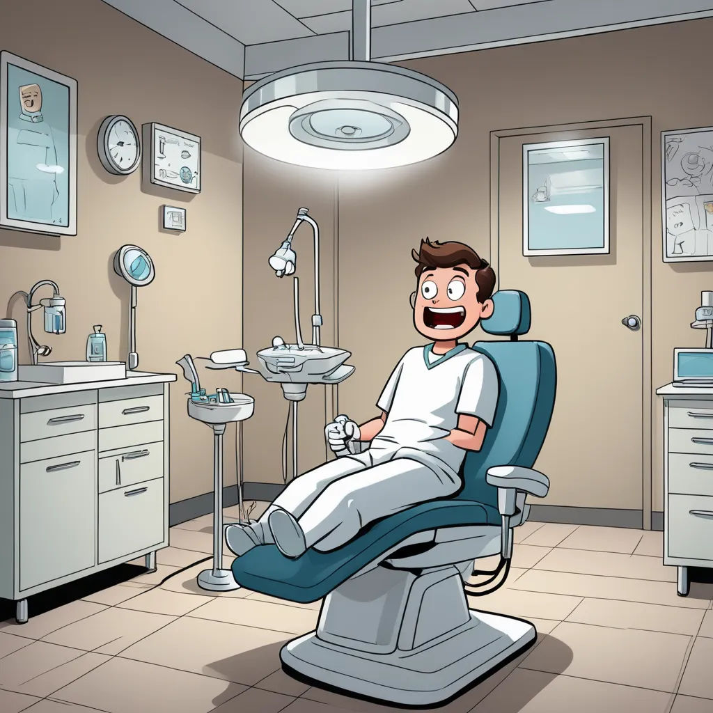 a cartoon of a man in a dentist chair with a toothbrush in his mouth and a sink in the background, verdadism, a stock photo, Doc Hammer, promotional image