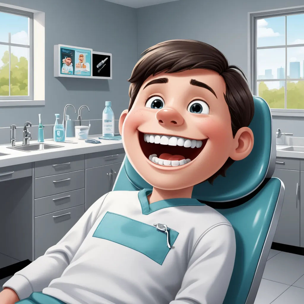 a cartoon boy sitting in a dentist chair with a toothbrush in his mouth and a sink in the background, sots art, a stock photo, Dan Content, ultra realistic illustration