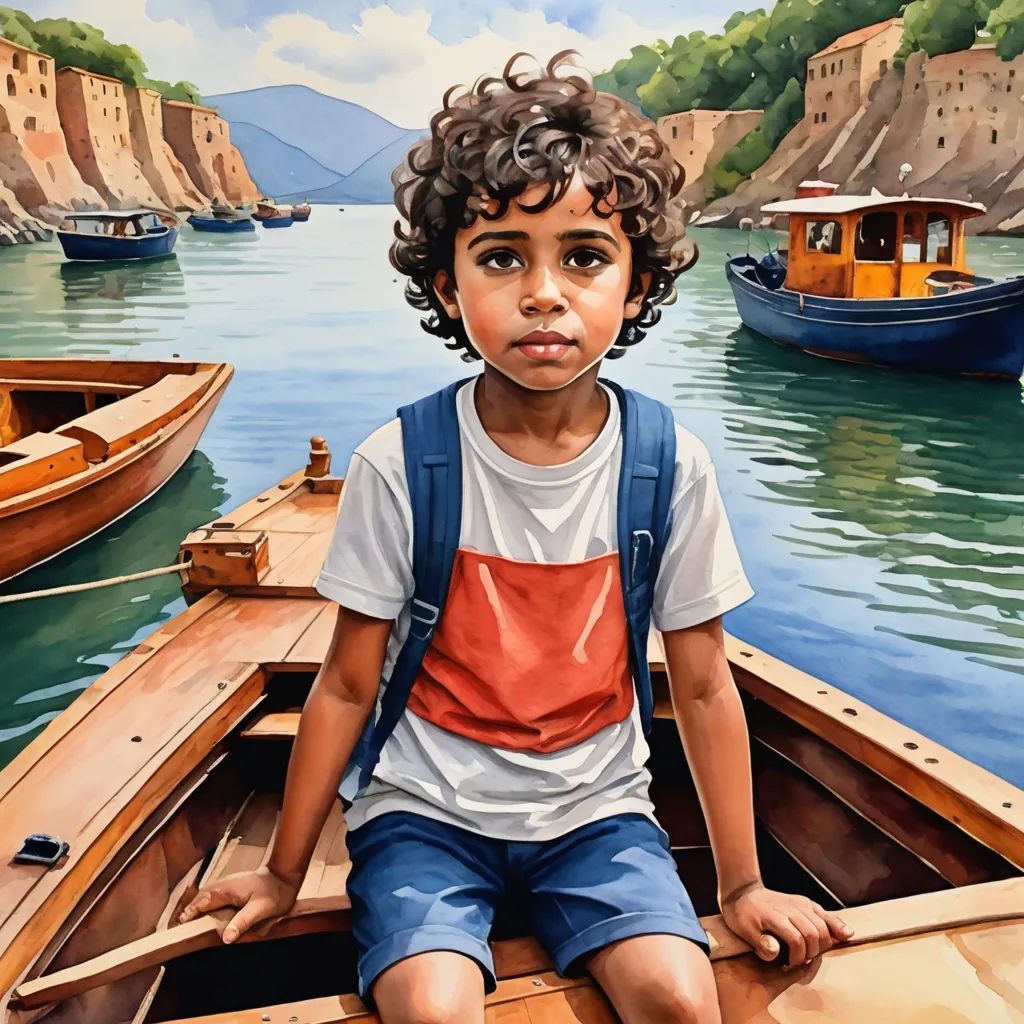 a painting of a boy sitting in a boat in the water with other boats in the water behind him, photorealism, an oil on canvas painting, Bob Byerley, in gouache detailed paintings