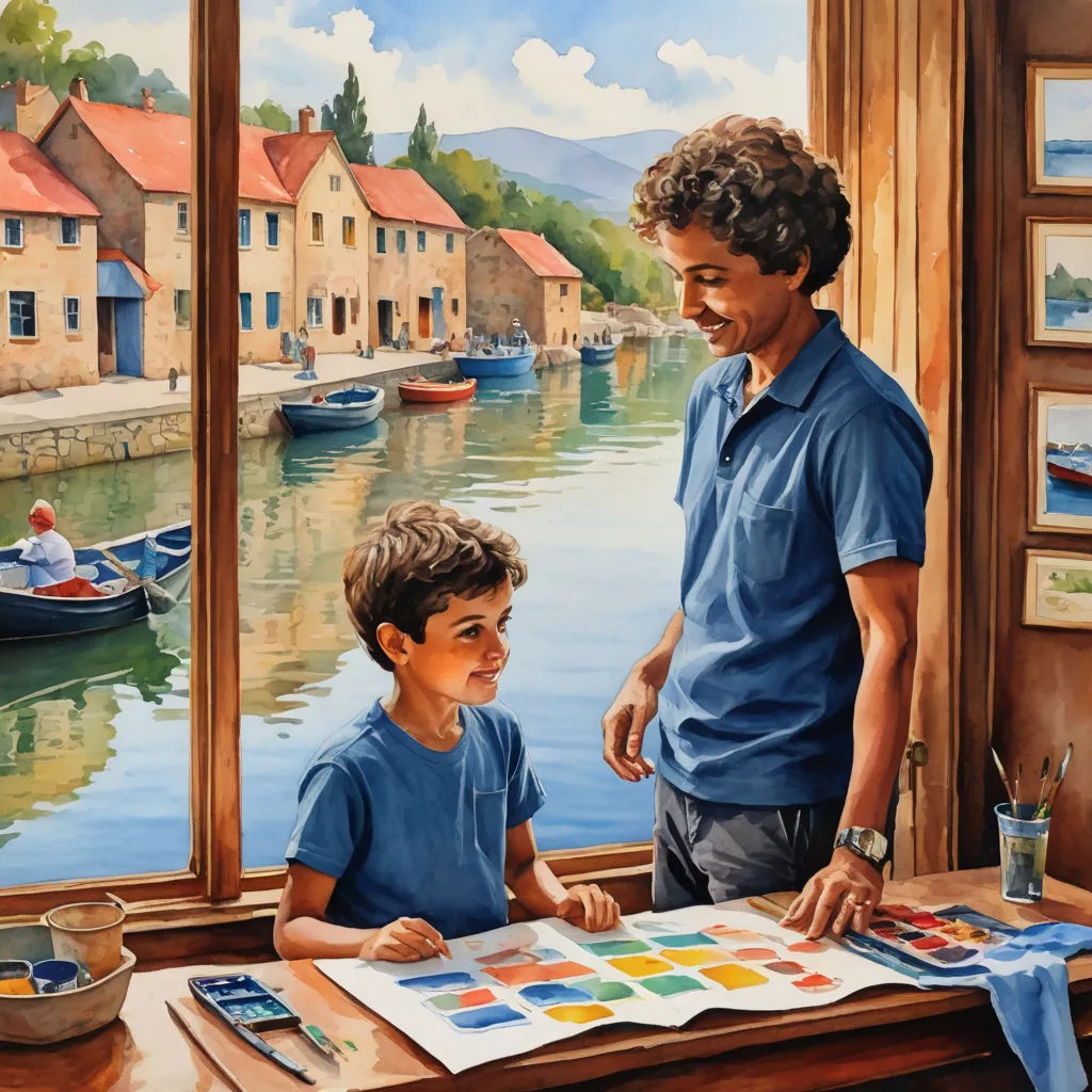a man and a boy are looking out a window at a river and boats in the water and a painting of a man and a boy, figurative art, a fine art painting, David Brewster, bright studio setting