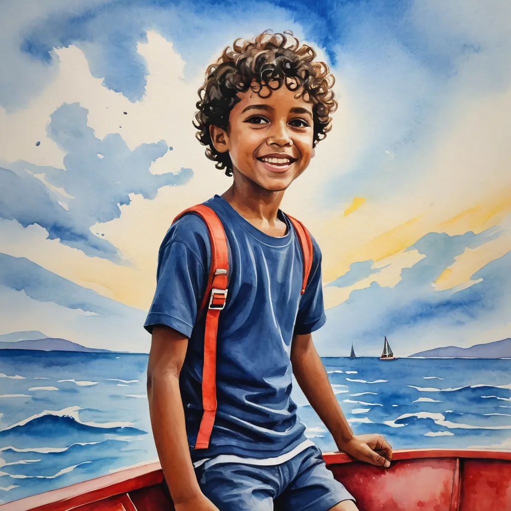 a painting of a boy sitting on a boat in the ocean with a sailboat in the background and a sailboat in the water, figurative art, a watercolor painting, Aaron Jasinski, in gouache detailed paintings