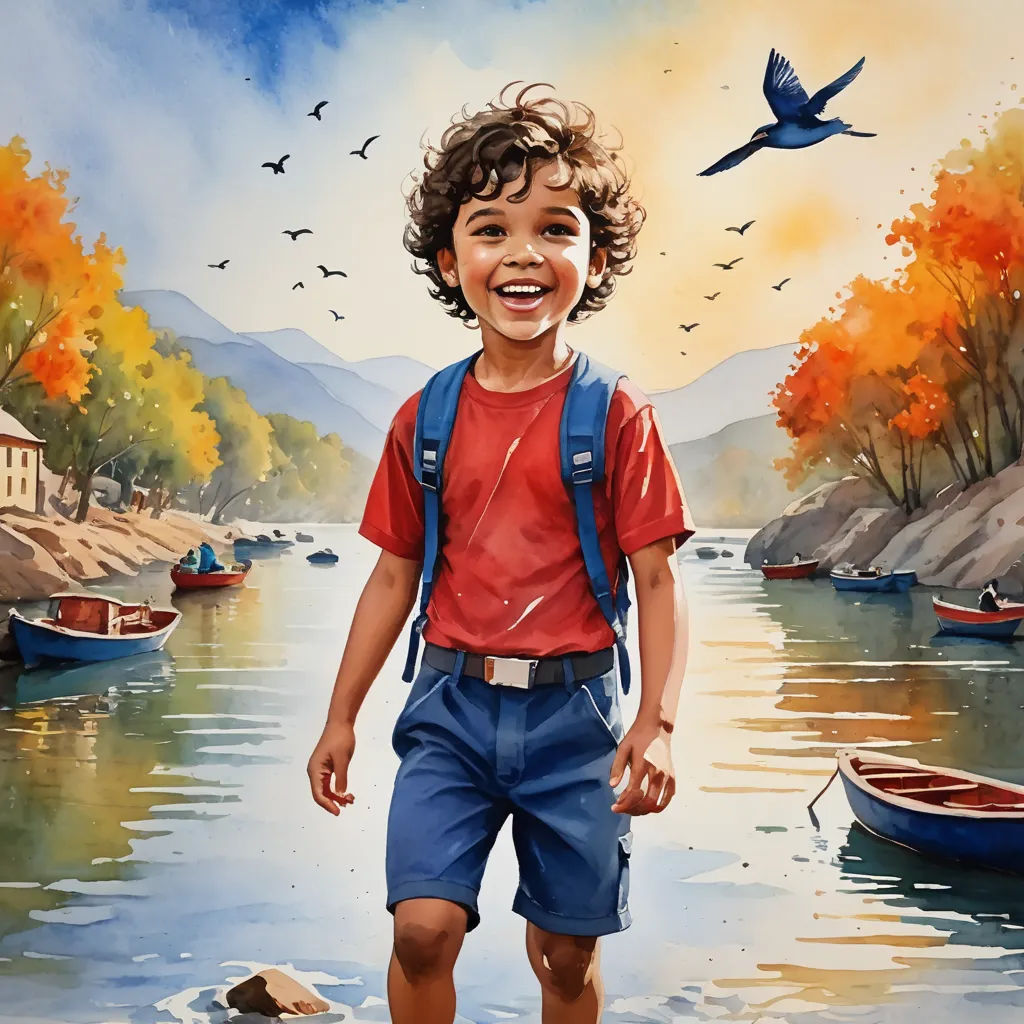 a painting of a boy walking in the water with a bird flying overhead and a boat in the water, photorealism, a detailed painting, Aaron Jasinski, highly detailed digital painting