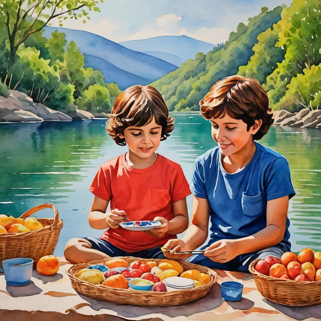 a painting of two children sitting on a table with fruit in front of them and a lake in the background, figurative art, an ultrafine detailed painting, Brothers Hildebrandt, highly detailed oil painting
