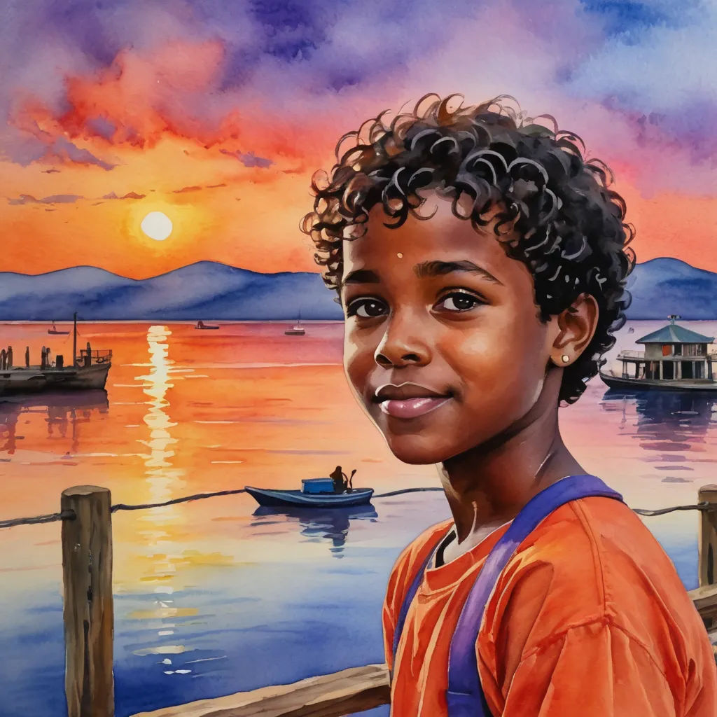 a painting of a young boy standing on a dock at sunset with a boat in the water and a boat in the water, figurative art, an ultrafine detailed painting, Carol Sutton, highly detailed digital painting