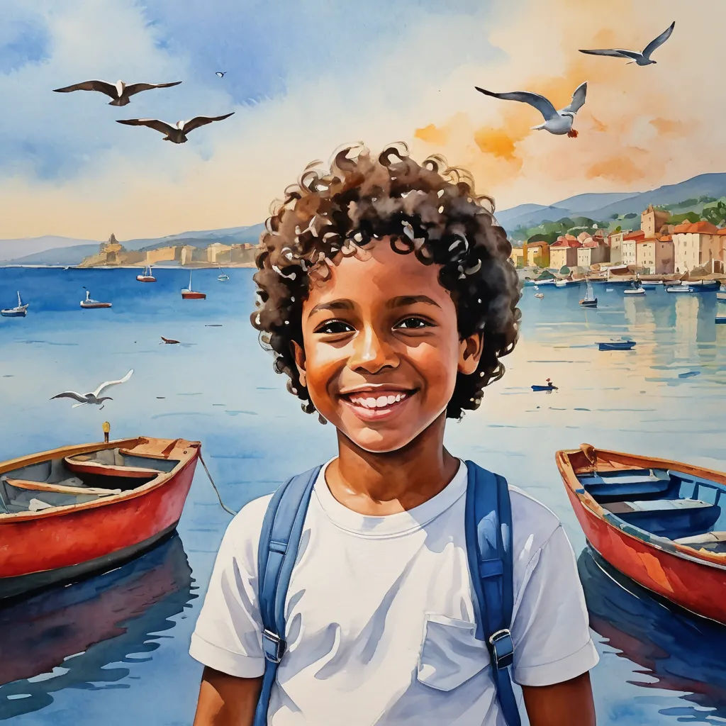 a painting of a boy standing in front of a painting of a boat and seagulls flying over the water, naive art, an ultrafine detailed painting, Eric Deschamps, in gouache detailed paintings