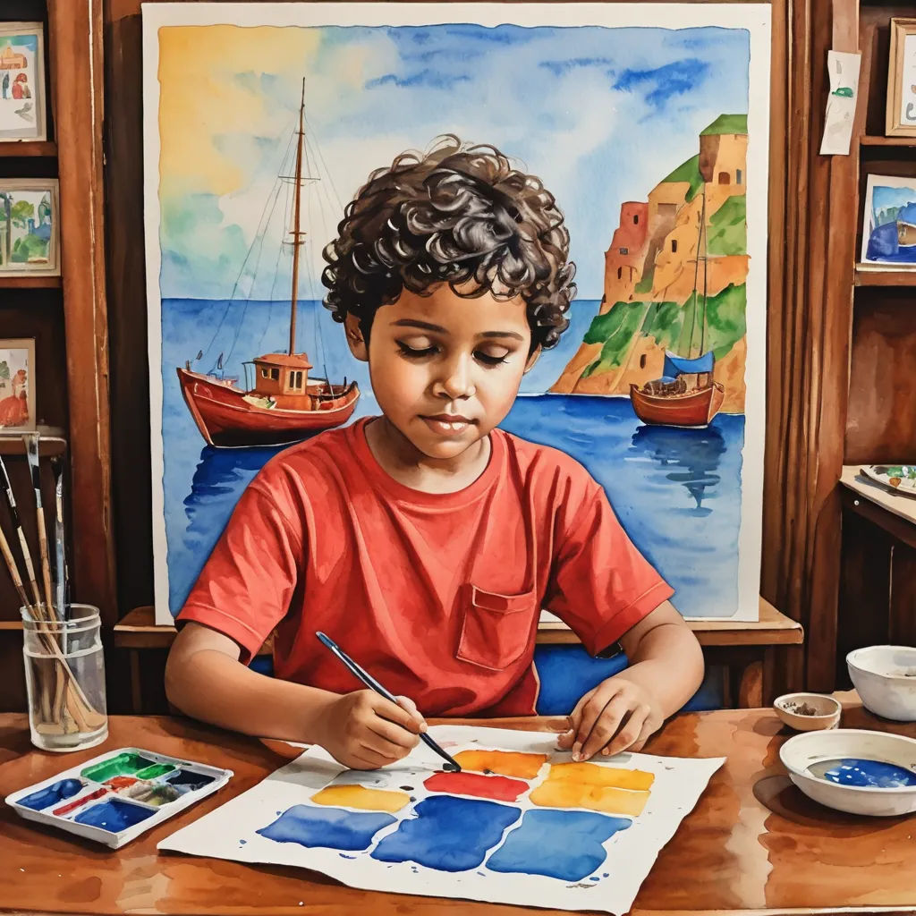 a painting of a boy sitting at a table with a watercolor palette and a boat in the background, naive art, an ultrafine detailed painting, artist, professional digital painting