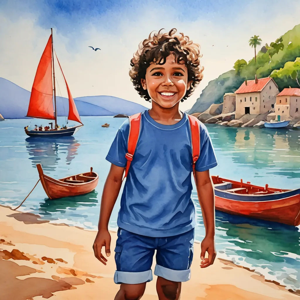 a painting of a boy on the beach with a boat in the background and a boat in the water, naive art, a storybook illustration, Bob Byerley, in gouache detailed paintings