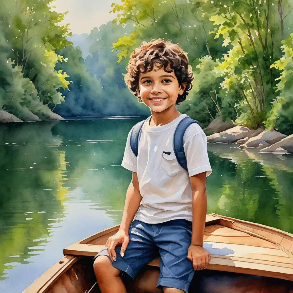 a painting of a boy sitting on a boat in a lake with a forest in the background and a riverbank, photorealism, a hyperrealistic painting, Bob Byerley, highly detailed digital painting