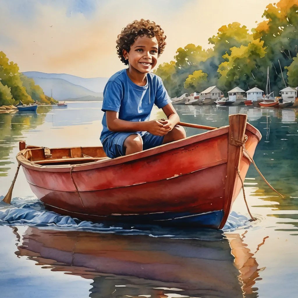 a painting of a boy in a red boat on a lake with a lake shore in the background and houses on the water, figurative art, an ultrafine detailed painting, Bob Byerley, highly detailed digital painting
