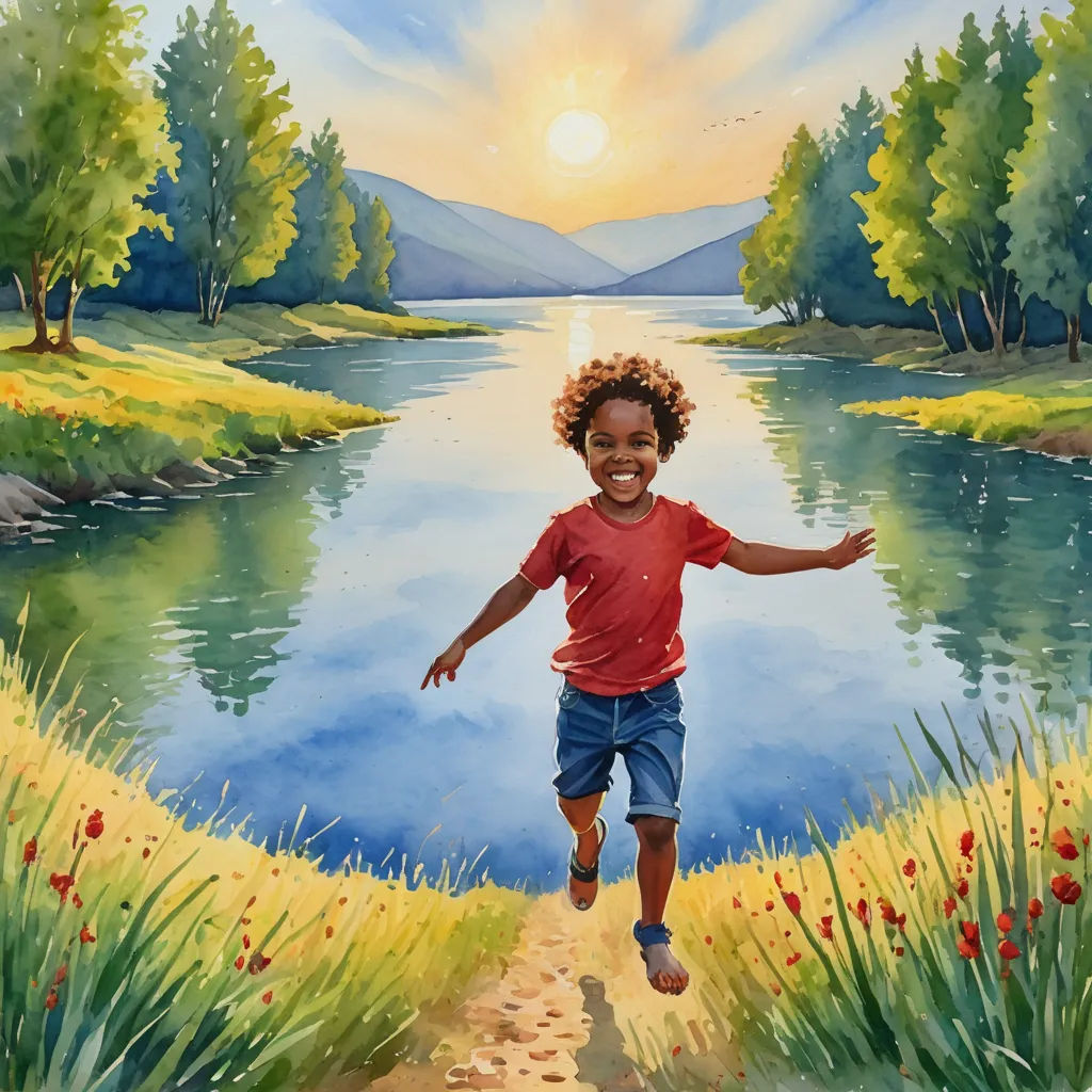 a painting of a young boy running across a river with a sunset in the background and a field of flowers, naive art, a storybook illustration, Chris LaBrooy, storybook illustration