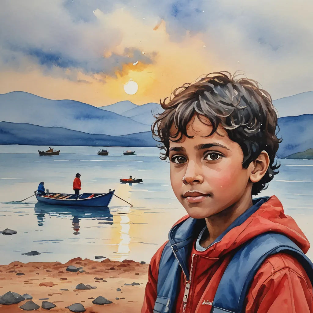 a painting of a boy standing on a beach with a boat in the background and a person in the water, figurative art, an ultrafine detailed painting, Colin Gill, detailed painting