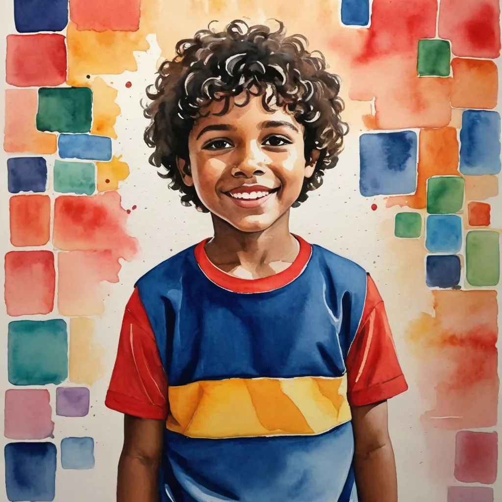 a painting of a young boy with curly hair and a blue shirt with a red, yellow, and blue shirt, american scene painting, a watercolor painting, Christopher Moeller, watercolor