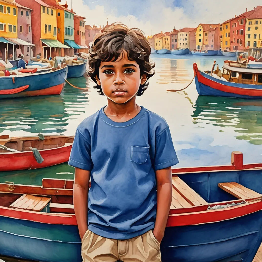 a painting of a boy standing in front of a painting of boats in a harbor with buildings in the background, figurative art, an ultrafine detailed painting, Anthony Palumbo, in gouache detailed paintings