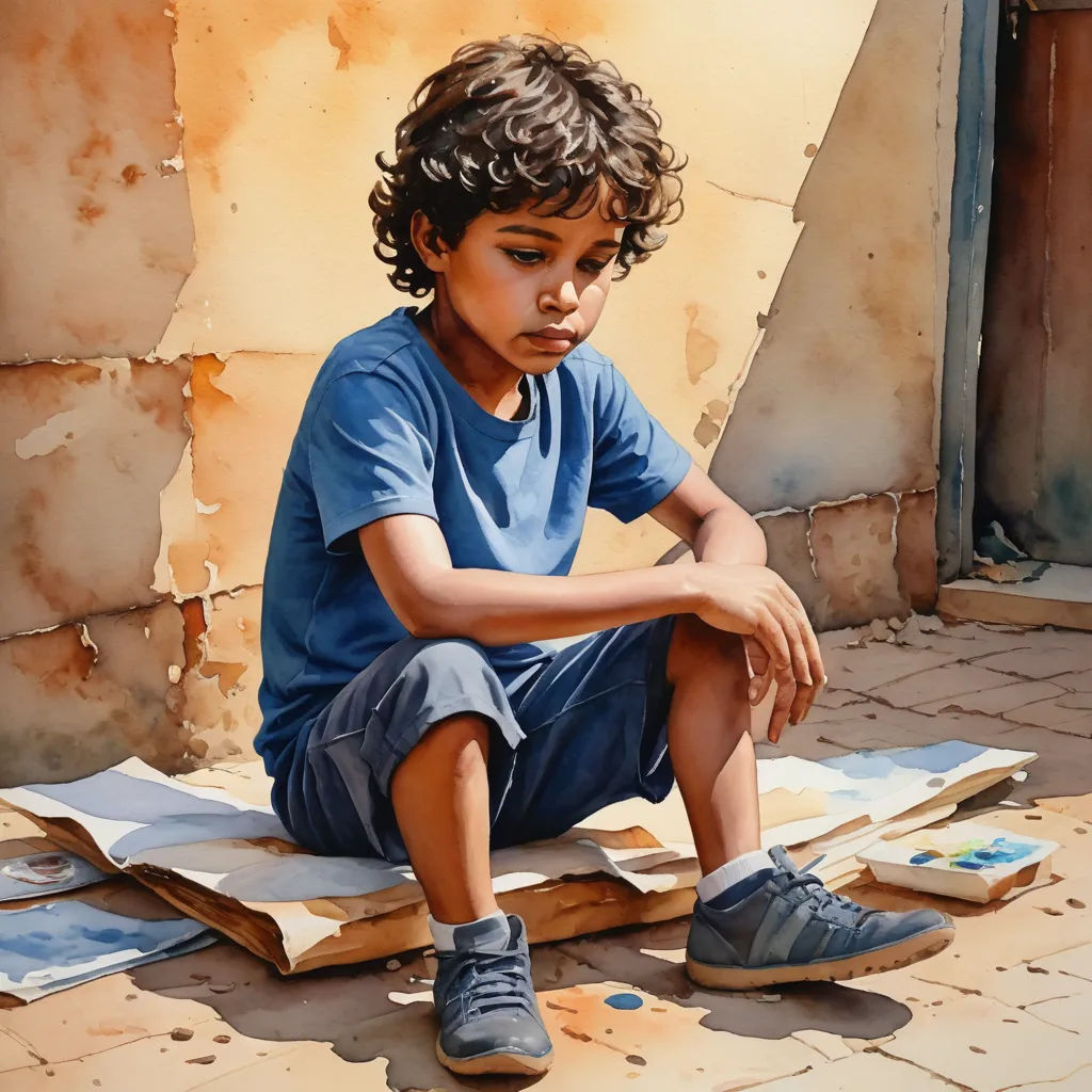 a painting of a boy sitting on a pile of papers on the ground with his hands on his knees, photorealism, a photorealistic painting, Diego Gisbert Llorens, in gouache detailed paintings