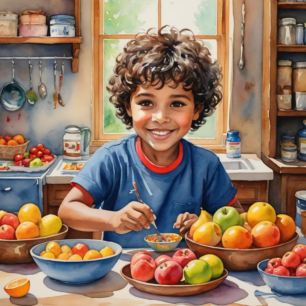 a painting of a boy eating fruit at a table with bowls of fruit on it and a window in the background, american scene painting, an ultrafine detailed painting, Aaron Jasinski, highly detailed digital painting