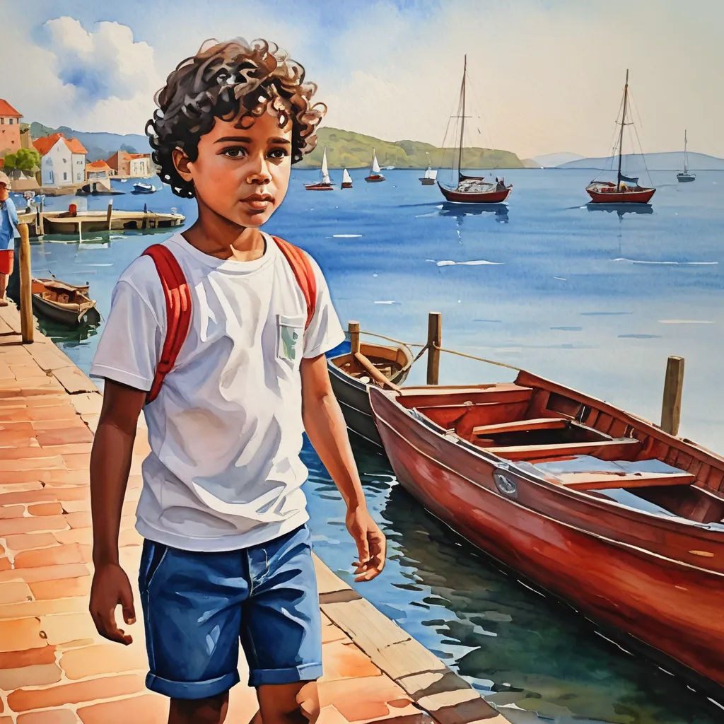 a painting of a boy walking near a boat dock with a red boat in the background and a man in a white shirt and blue shorts, figurative art, a detailed painting, David Roberts, in gouache detailed paintings