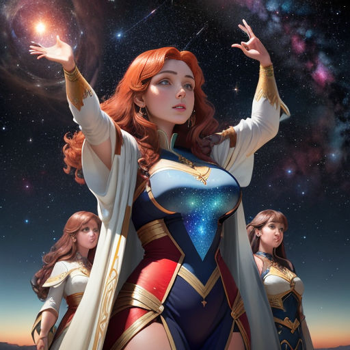 a woman in a costume holding a light up ball in her hand and two other women standing behind her