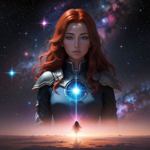 a woman in a space suit holding a glowing orb in her hands with stars in the background and a galaxy in the background