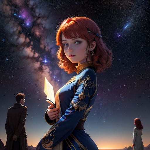 a woman holding a book in front of a man in a cloak and a star filled sky with stars