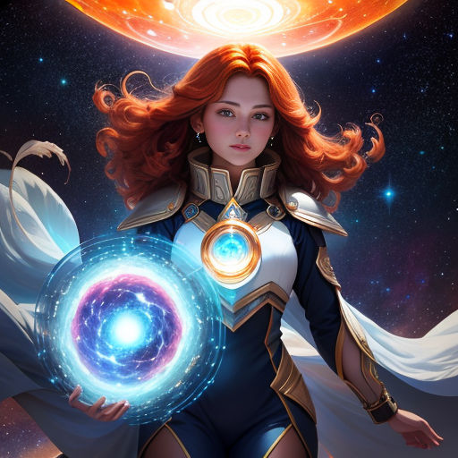 a woman in a space suit holding a ball of energy in her hands and a planetary background with a bright orange sun