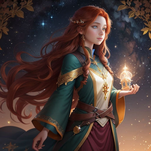 a woman in a green and gold dress holding a crystal ball in her hand and a star in the sky behind her