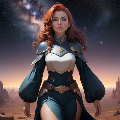 a woman in a blue and white outfit standing in the desert with a star in the background and a sky filled with stars