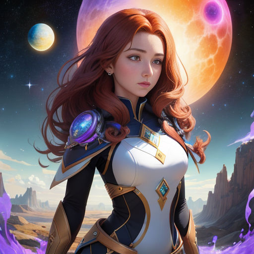 a woman in a futuristic outfit standing in front of a moon and mountains with a purple moon in the background