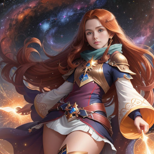 a woman in a costume with a sword in her hand and stars in the background, and a galaxy background