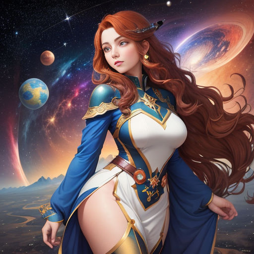 a woman in a blue and white outfit standing in front of a space background with planets and stars in the sky