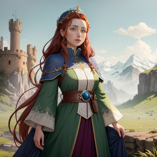 a woman in a green and blue dress standing in front of a castle with a mountain in the background