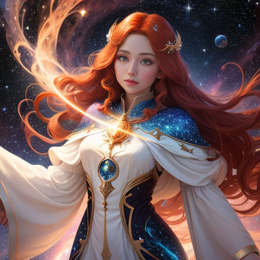 a woman with long red hair and a white dress holding a sword in her hand and a star in the background