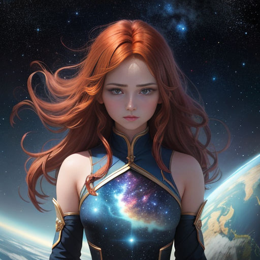 a woman in a space suit with a planet in the background and stars in the sky behind her, with a planet in the background