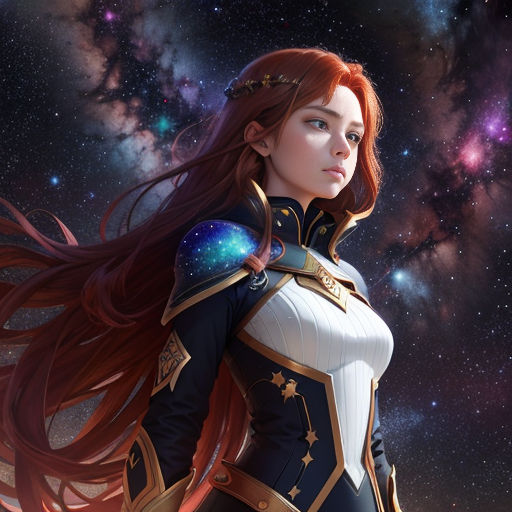 a woman in a space suit with long hair and stars in the background, with a sky full of stars