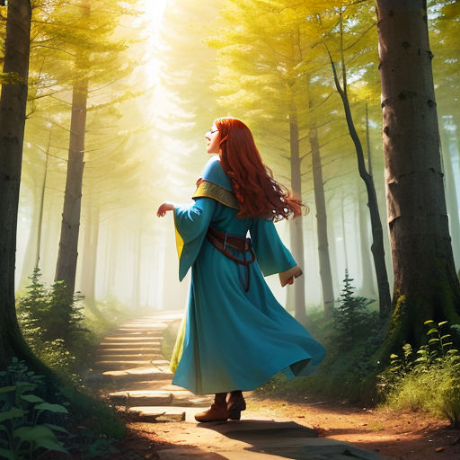 a woman in a blue dress walking through a forest with trees and sun shining through the trees on her head