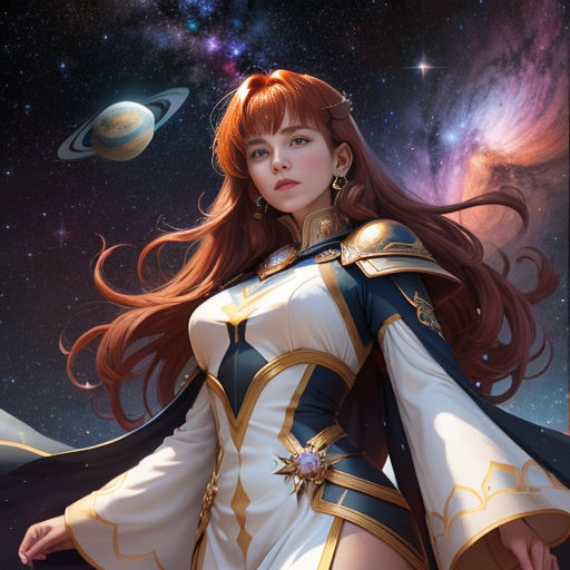 a woman in a white and blue outfit with a star in the background and a planet in the background