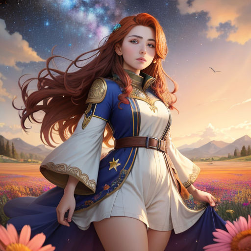 a woman in a dress standing in a field of flowers with a star in the sky above her head