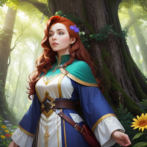 a woman in a blue and white dress standing in a forest with a sunflower in her hand and a tree in the background
