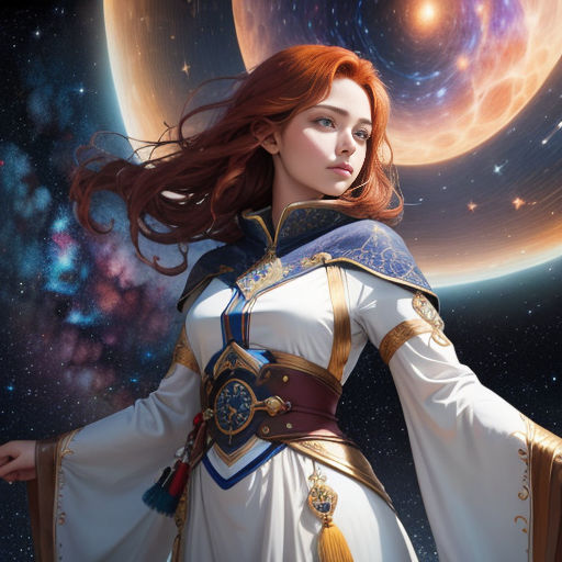 a woman in a white dress standing in front of a space background with stars and planets in the background