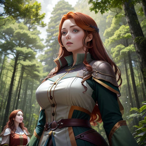 a woman in a green and white dress standing in the woods with a red hair and a green and white dress