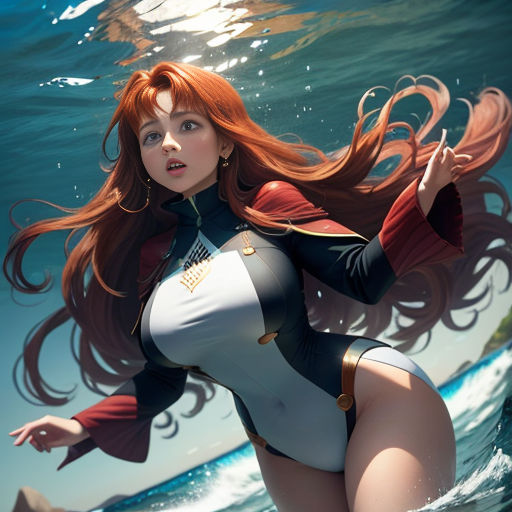 a woman in a bodysuit is standing in the water with her hair blowing in the wind and a wave behind her