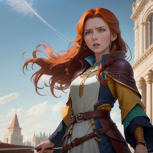 a woman in a dress and a castle in the background with a red hair and a sword in her hand